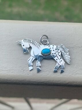 Navajo Sterling Year of the Horse Turquoise Pendant Signed LY